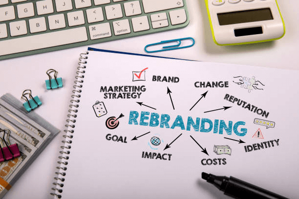 Notebook showing 'Rebranding' in the center with key elements like 'Brand,' 'Marketing Strategy,' 'Identity,' and 'Change,' highlighting essential aspects of brand transformation