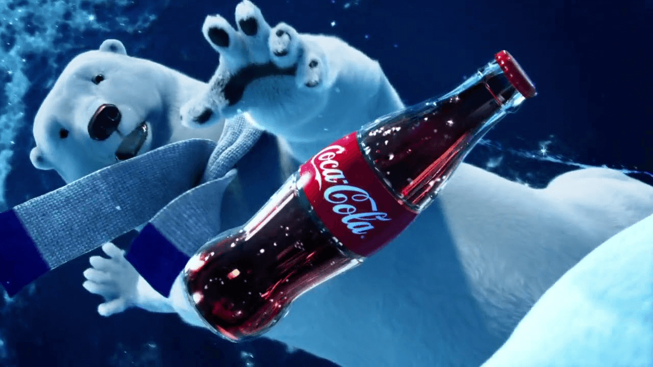 Coca-Cola's iconic polar bear in a stop-motion animated video, joyfully catching a bottle of Coke, evoking nostalgia and happiness. 