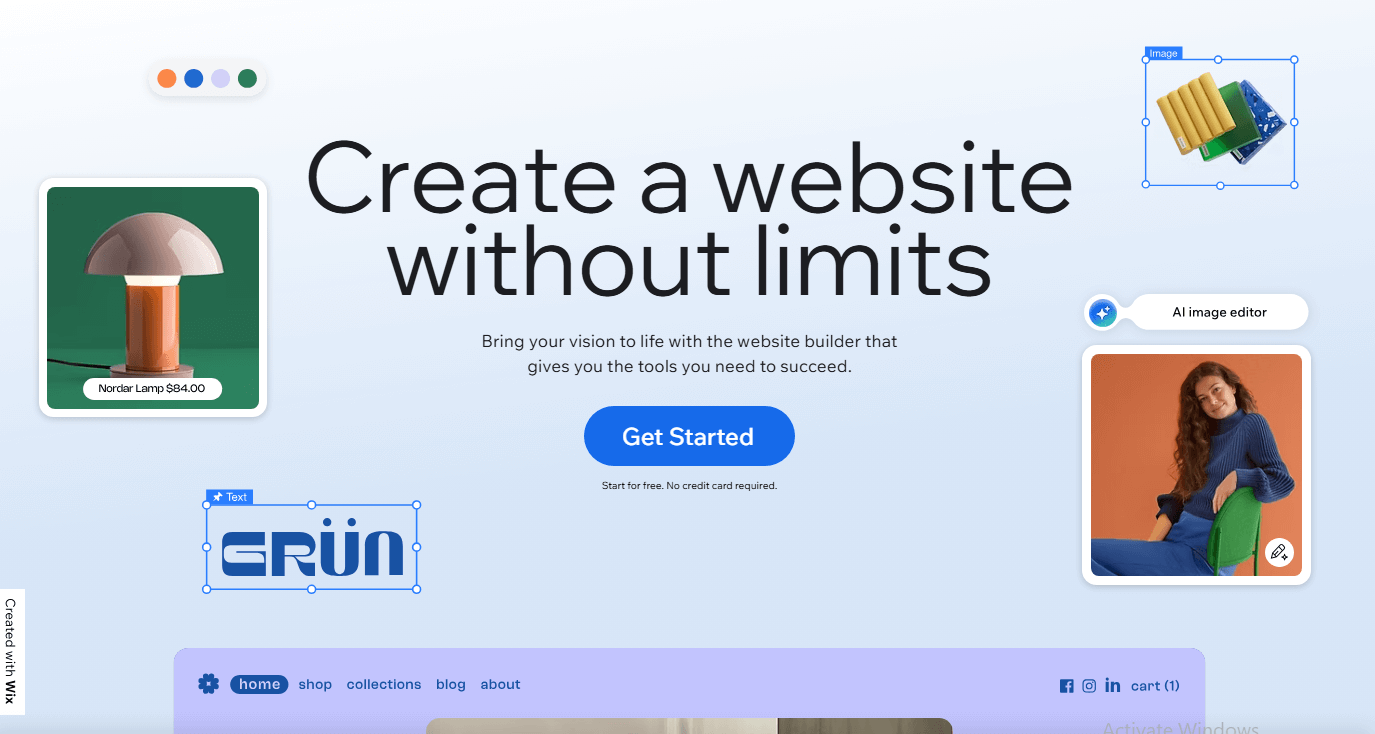 Wix homepage showcasing its drag-and-drop editor and AI image tools, promoting Wix as the best blogging platform for creating customizable websites without limits.