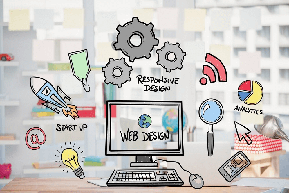 Hand-drawn sketches of website layout and SEO web design elements on a whiteboard, illustrating the planning process for search engine optimized web development. 