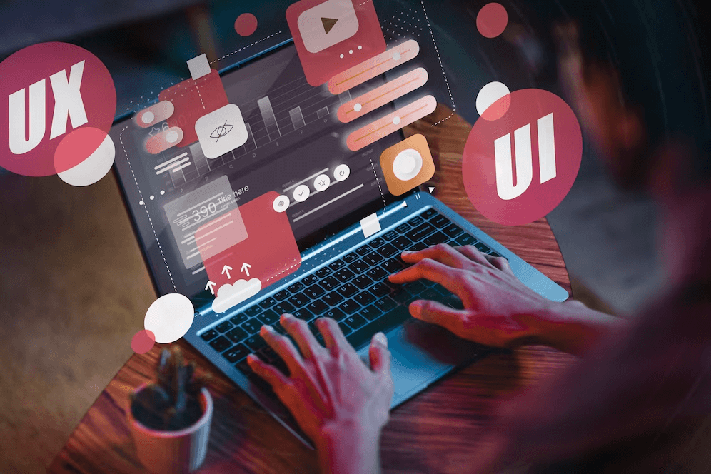 Laptop displaying UI/UX design elements, representing the integration of SEO web design principles in modern digital interfaces.
