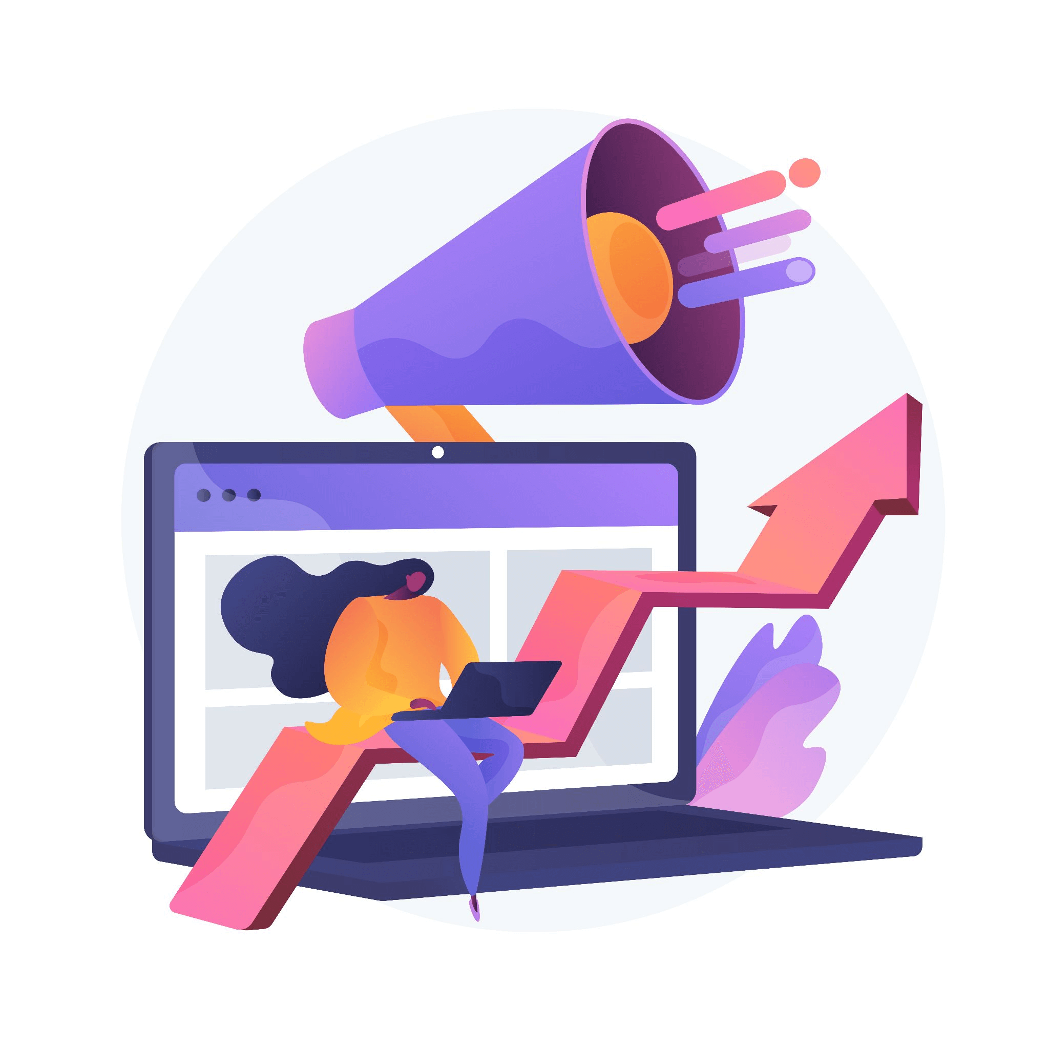 Illustration of a woman working on a laptop, sitting on a rising arrow emerging from a laptop screen, with a megaphone in the background, represents the concept of creating an SEO-optimized blog post to boost online visibility and web traffic.
