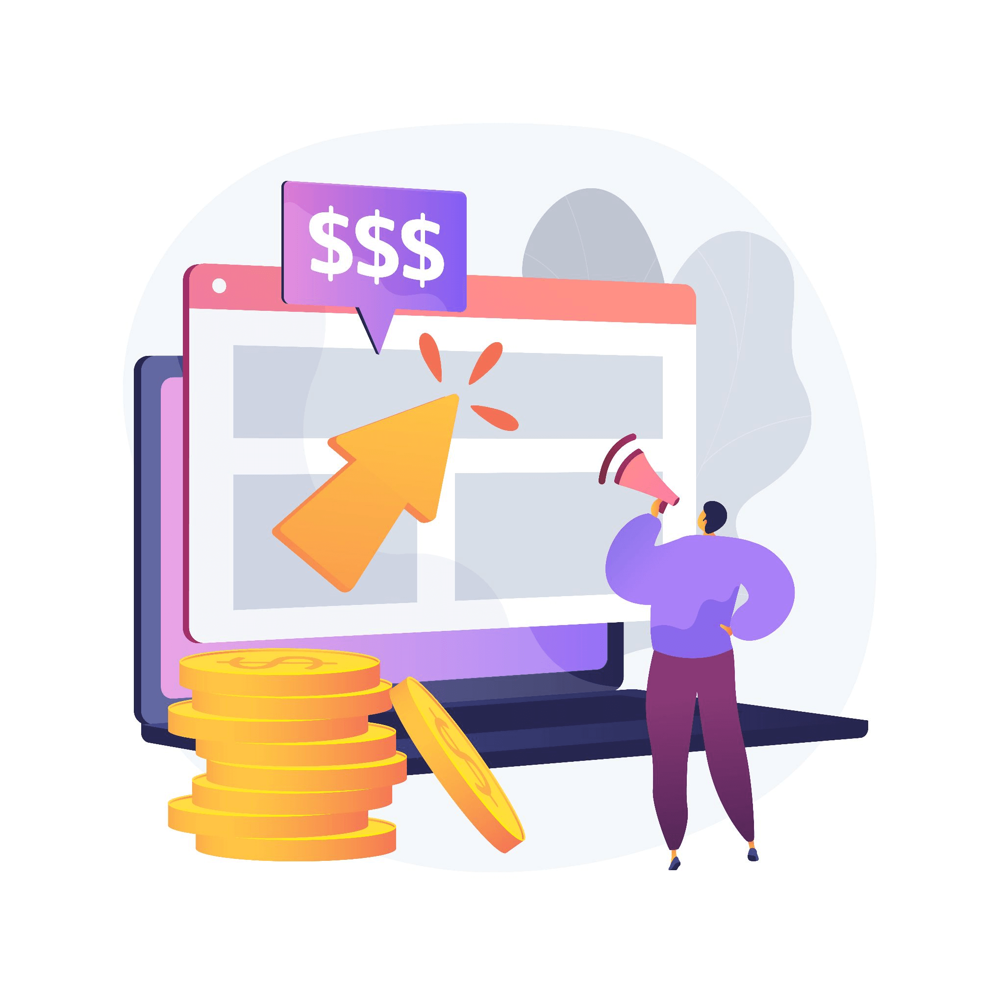An illustration of a person holding a megaphone next to a large screen with a clicking arrow, dollar signs, and stacked coins, representing the conversion and revenue potential of an SEO-optimized blog post.